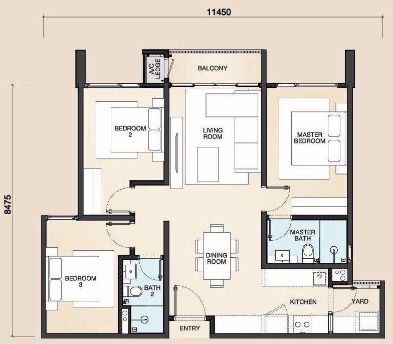 The Fount Type A floor plan, 957 sq.ft